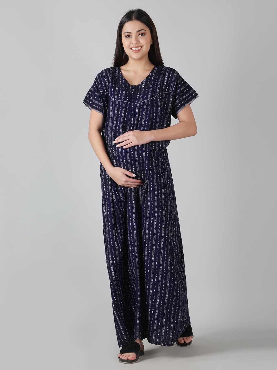 

NIGHTSPREE Printed Maternity Cotton Maxi Nightdress, Navy blue