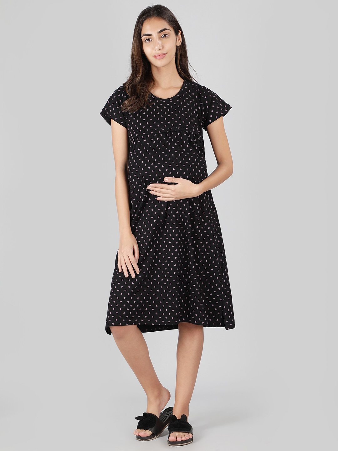 

NIGHTSPREE Printed Maternity A-Line Cotton Dress, Black
