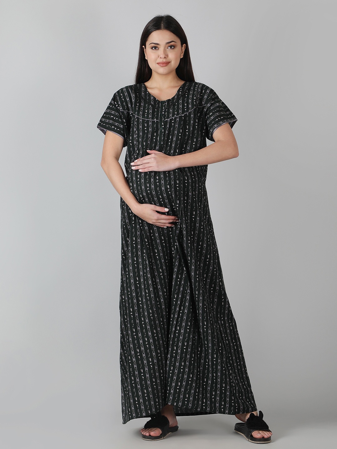 

NIGHTSPREE Black Printed Maternity Cotton Maxi Nightdress