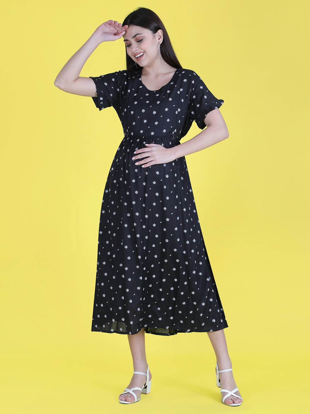 

NIGHTSPREE Floral Printed Maternity Feeding Midi Dress, Navy blue