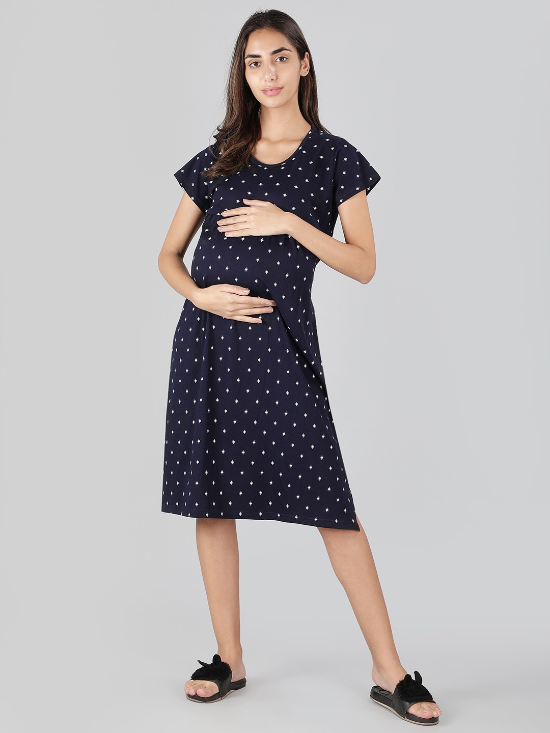 

NIGHTSPREE Conversational Printed Maternity And Feeding A-Line Cotton Dress, Navy blue