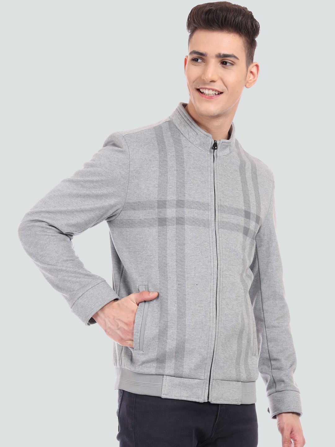 

YOUNG CLUB CLASSIC Men Checked Woolen Lightweight Bomber Jacket, Grey