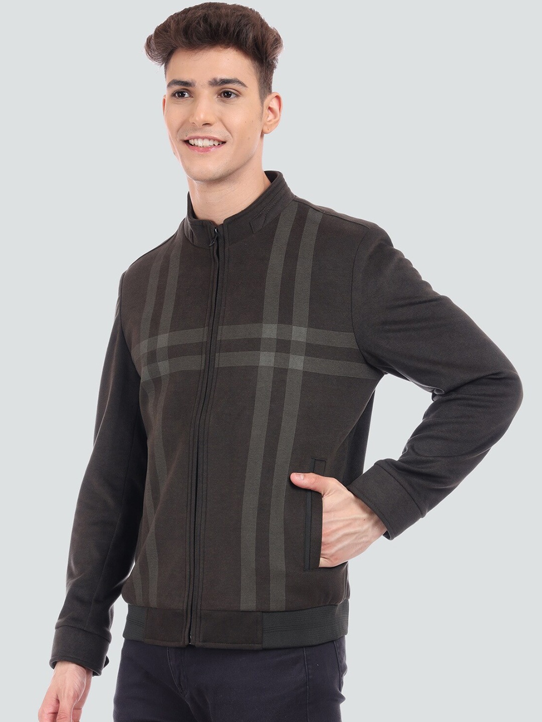 

YOUNG CLUB CLASSIC Men Checked Lightweight Wool Bomber Jacket, Black