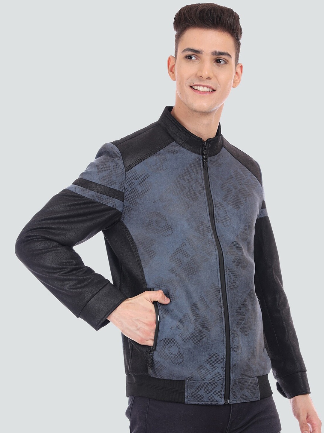 

YOUNG CLUB CLASSIC Men Printed Mock Collar Suede Sporty Jacket, Blue