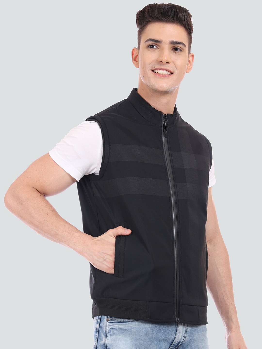 

YOUNG CLUB CLASSIC Men Striped Wool Lightweight Bomber Jacket, Black
