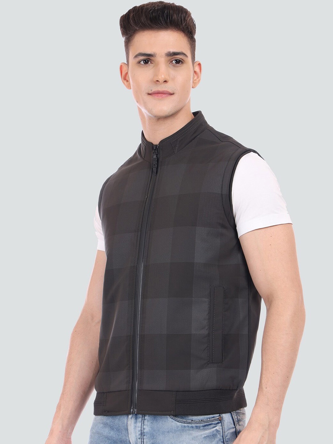 

YOUNG CLUB CLASSIC Men Checked Wool Lightweight Bomber Jacket, Charcoal