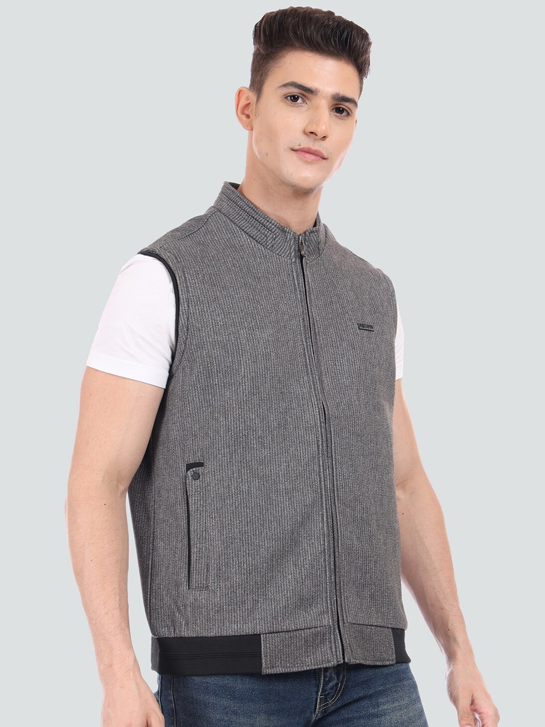 

YOUNG CLUB CLASSIC Men Striped Sleeveless Lightweight Wool Bomber Jacket, Grey