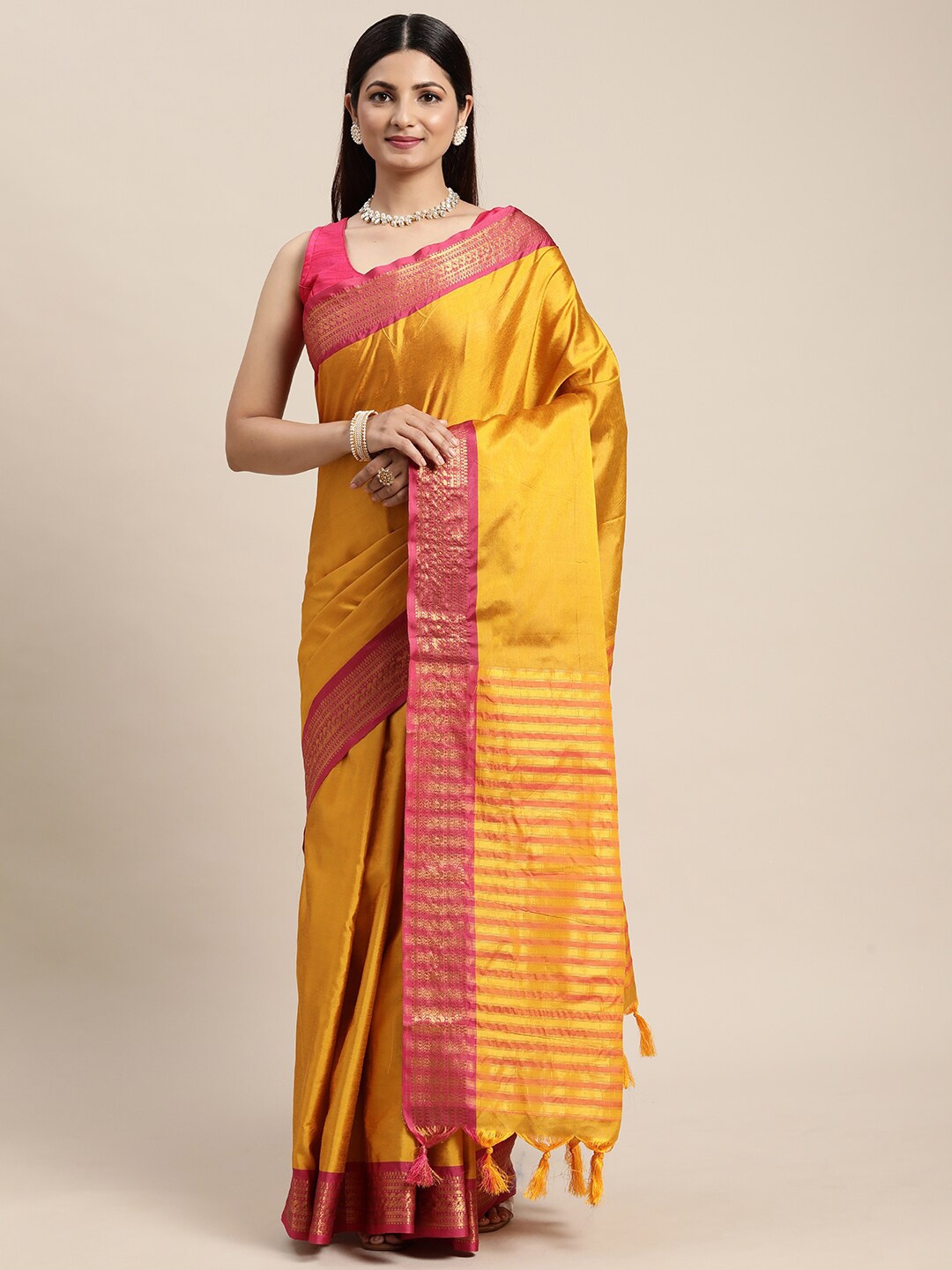 

eshami Zari Silk Blend Saree, Yellow