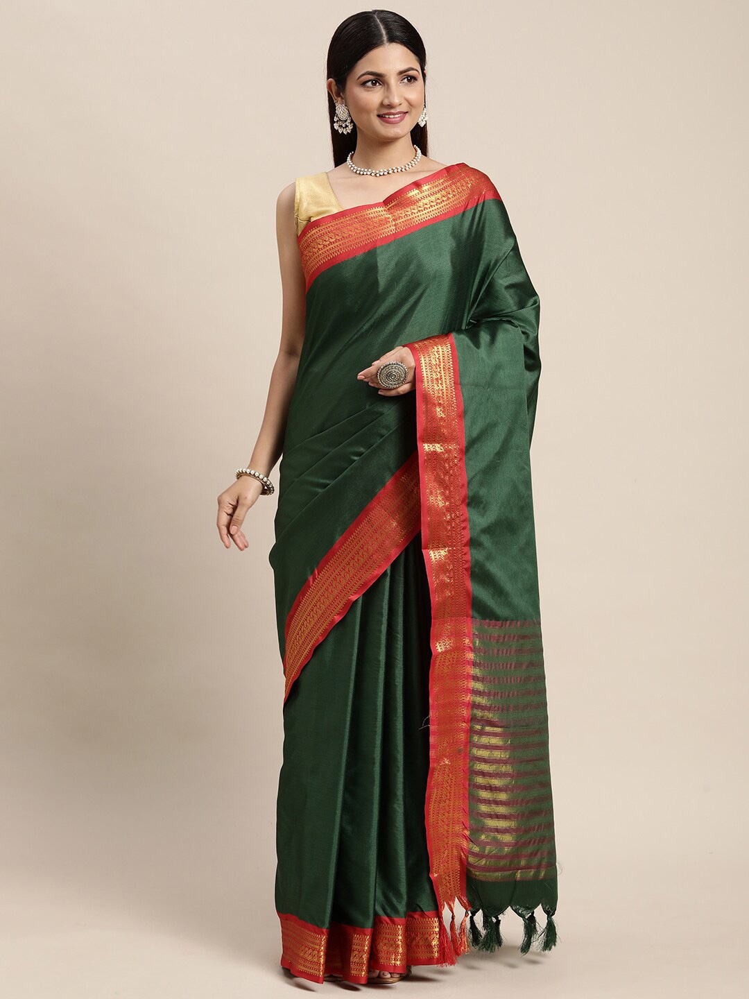 

eshami Green & Red Zari Silk Blend Saree
