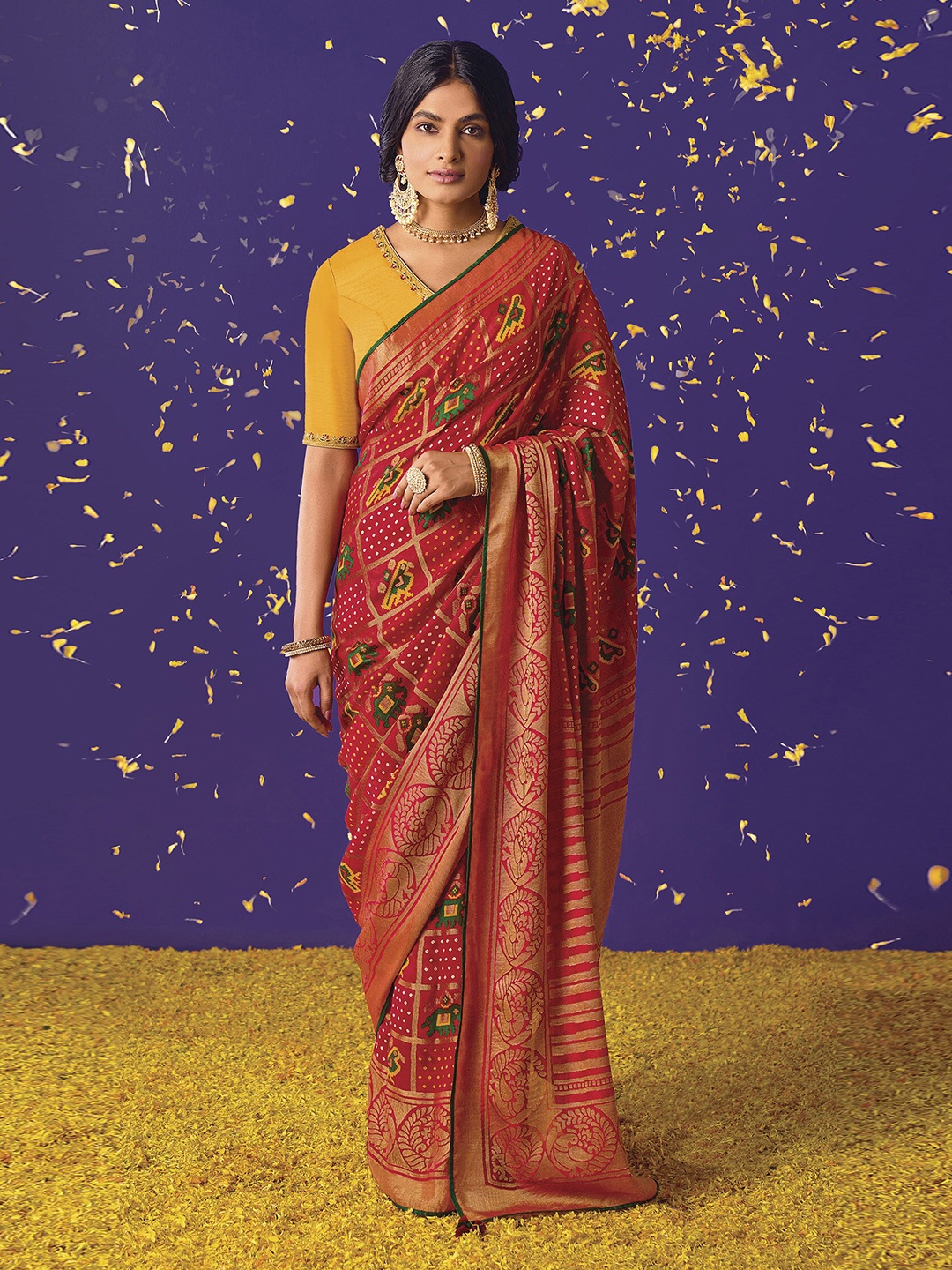 

elora Woven Design Embroidered Art Silk Saree, Red