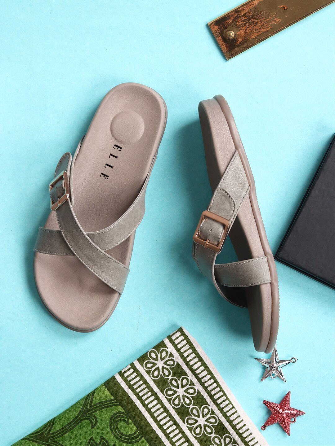 

ELLE Women Open Toe Flats With Buckles, Grey