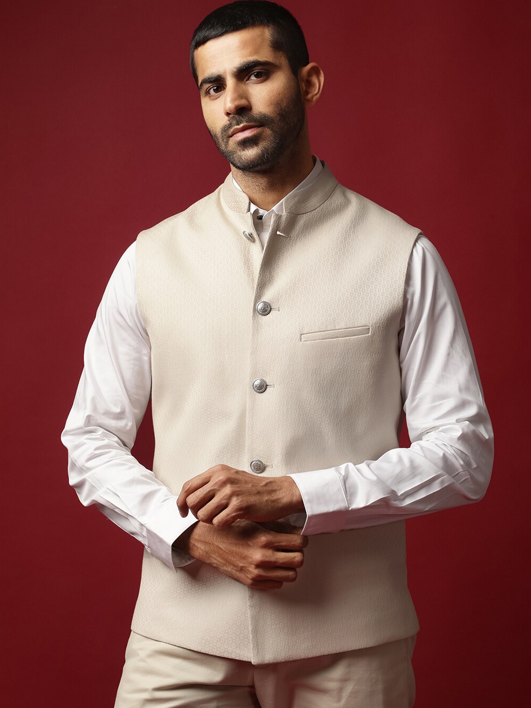 

RARE RABBIT Men Oakla Tailored Fit Woven Nehru Jacket, Beige