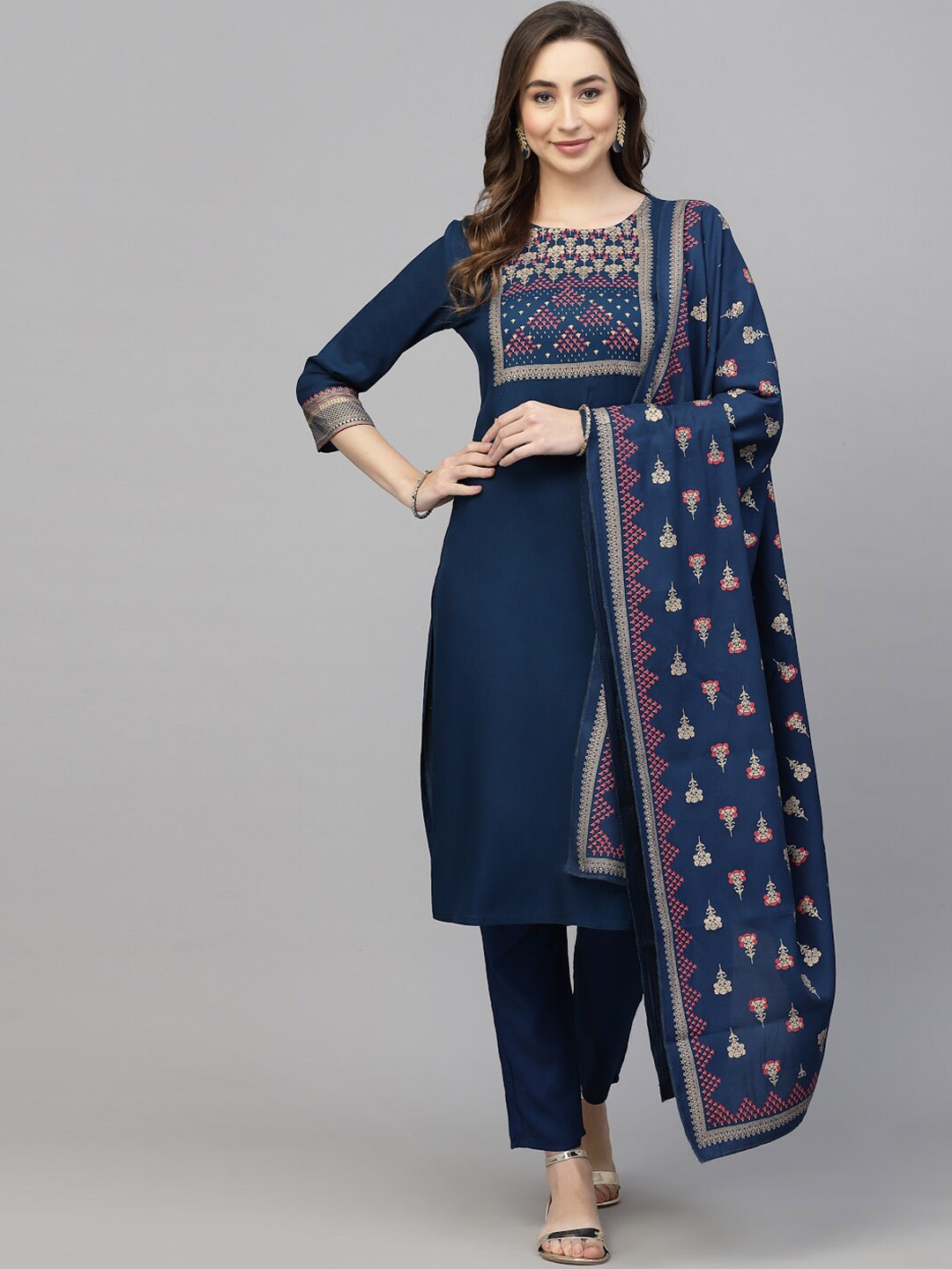 

JAIPURI BUNAAI Ethnic Motifs Printed Kurta with Trousers & Dupatta, Teal