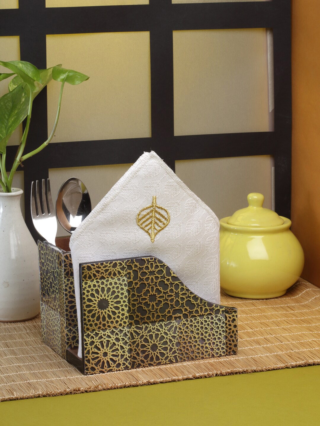 

ROMEE Black & Yellow Printed Wooden Cutlery with Tissue Paper Holder