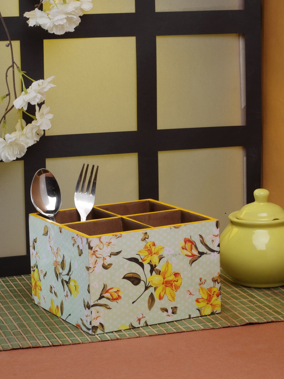 

ROMEE Green and Yellow Floral Printed Wooden Cutlery Holder With 4 Dividers