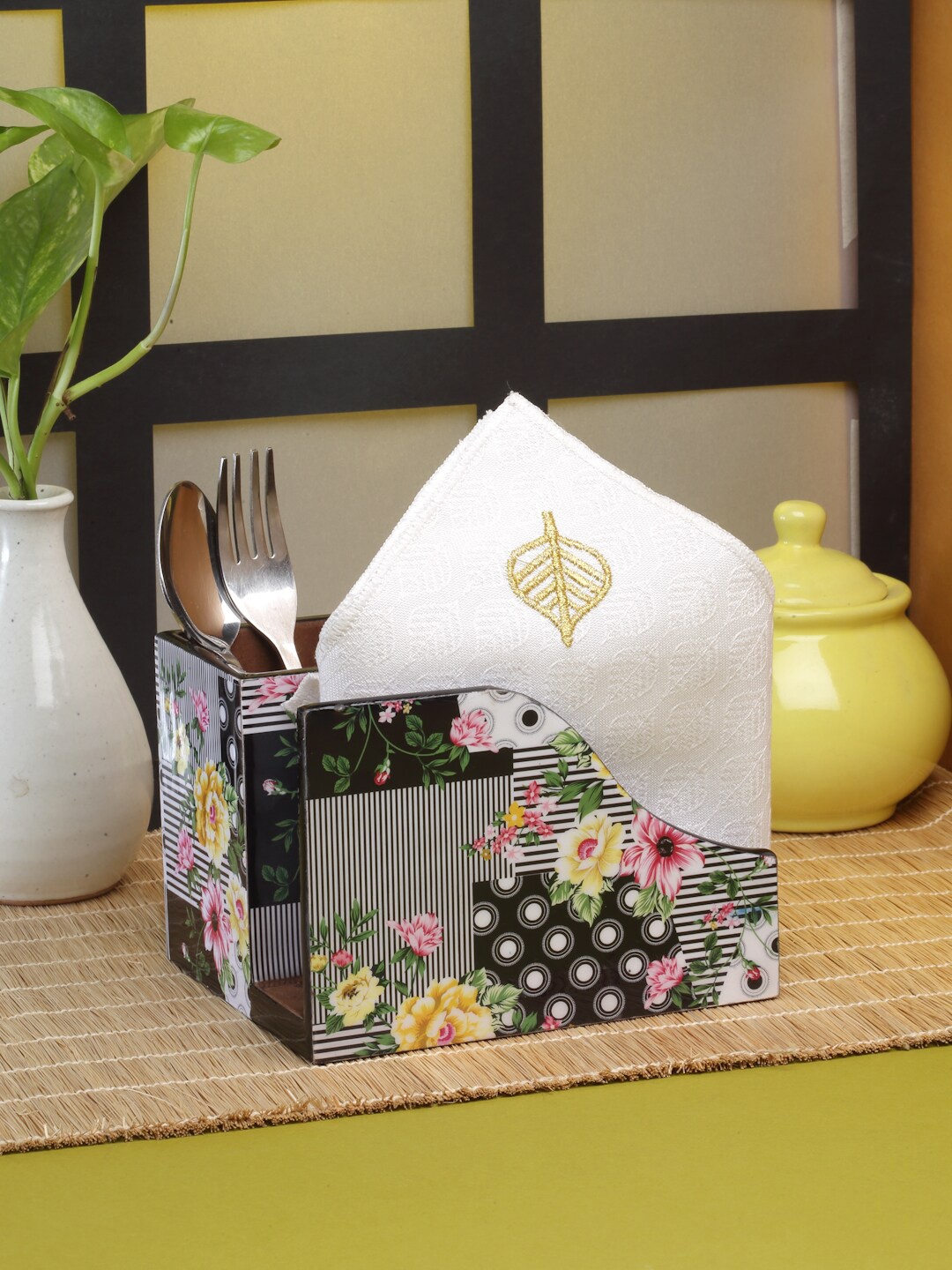 

ROMEE Green & White Printed Wooden Cutlery with Tissue Paper Holder