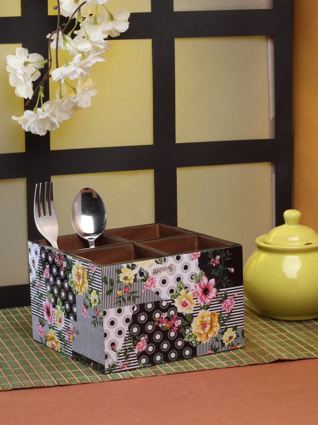 

ROMEE Green & White Printed Wooden Cutlery Holder With 4 Divider