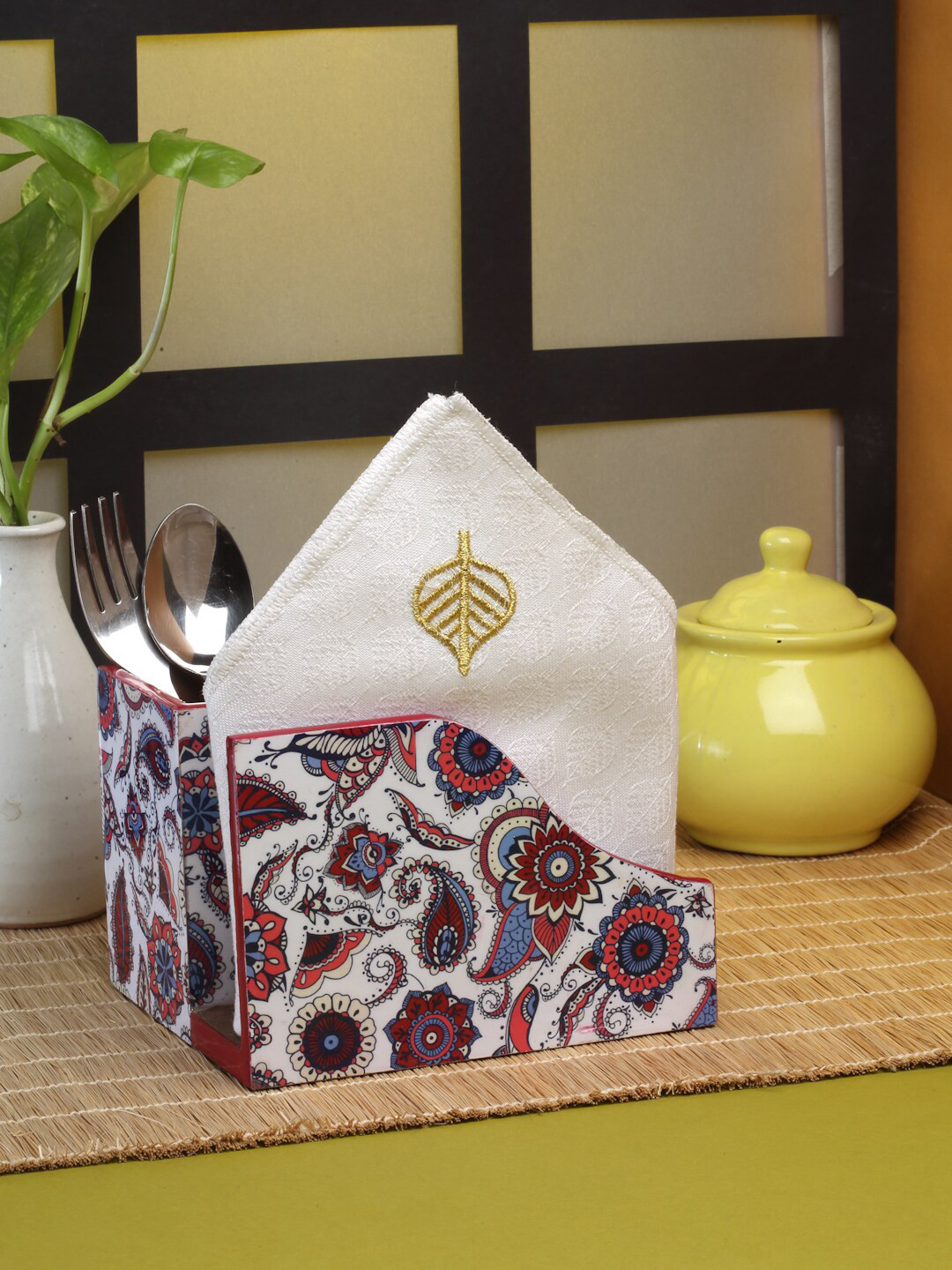 

ROMEE White & Blue Printed Wooden Cutlery with Tissue Paper Holder