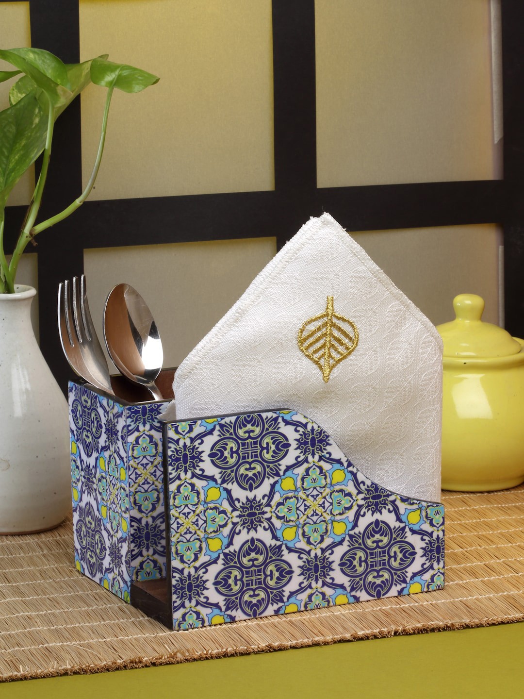

ROMEE Blue & White Printed Wooden Cutlery Holder With Tissue Paper Holder