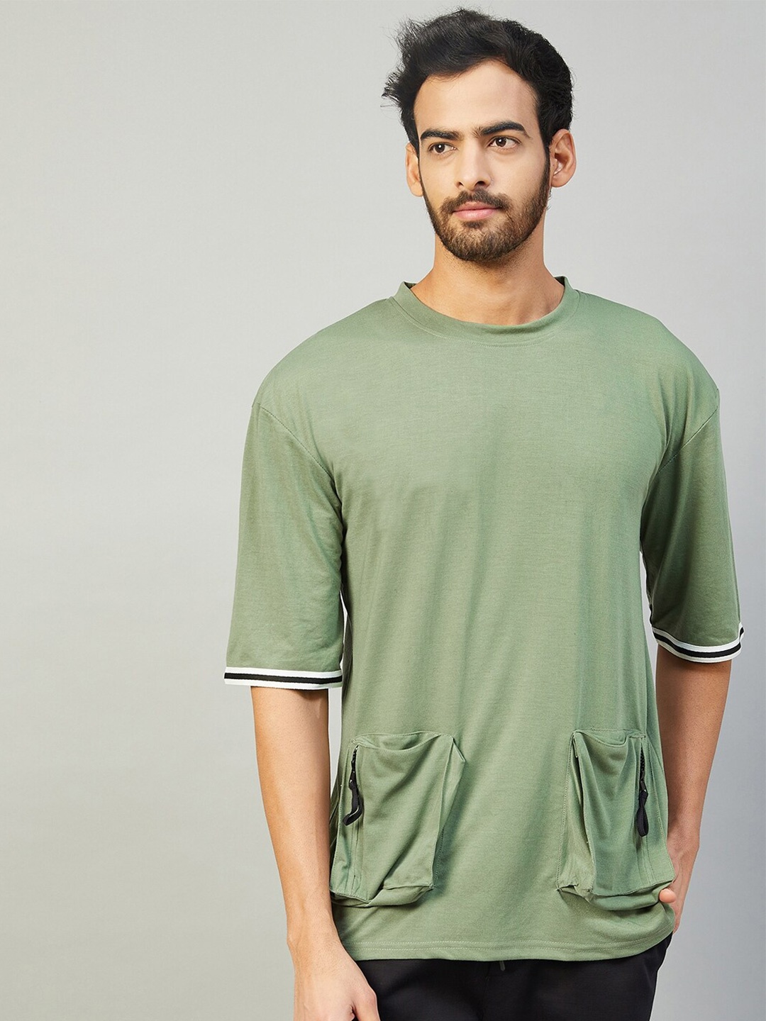 

GRITSTONES Men Drop-Shoulder Sleeves Oversized T-shirt, Green