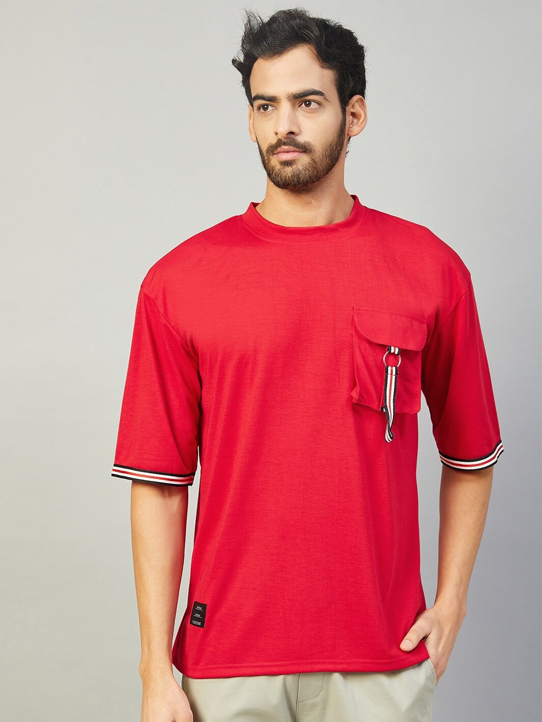 GRITSTONES Men Round Neck Cotton Oversize T-shirt, Red