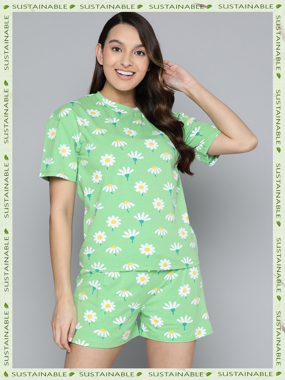 

HERE&NOW Floral Printed Organic Cotton Night suit, Green