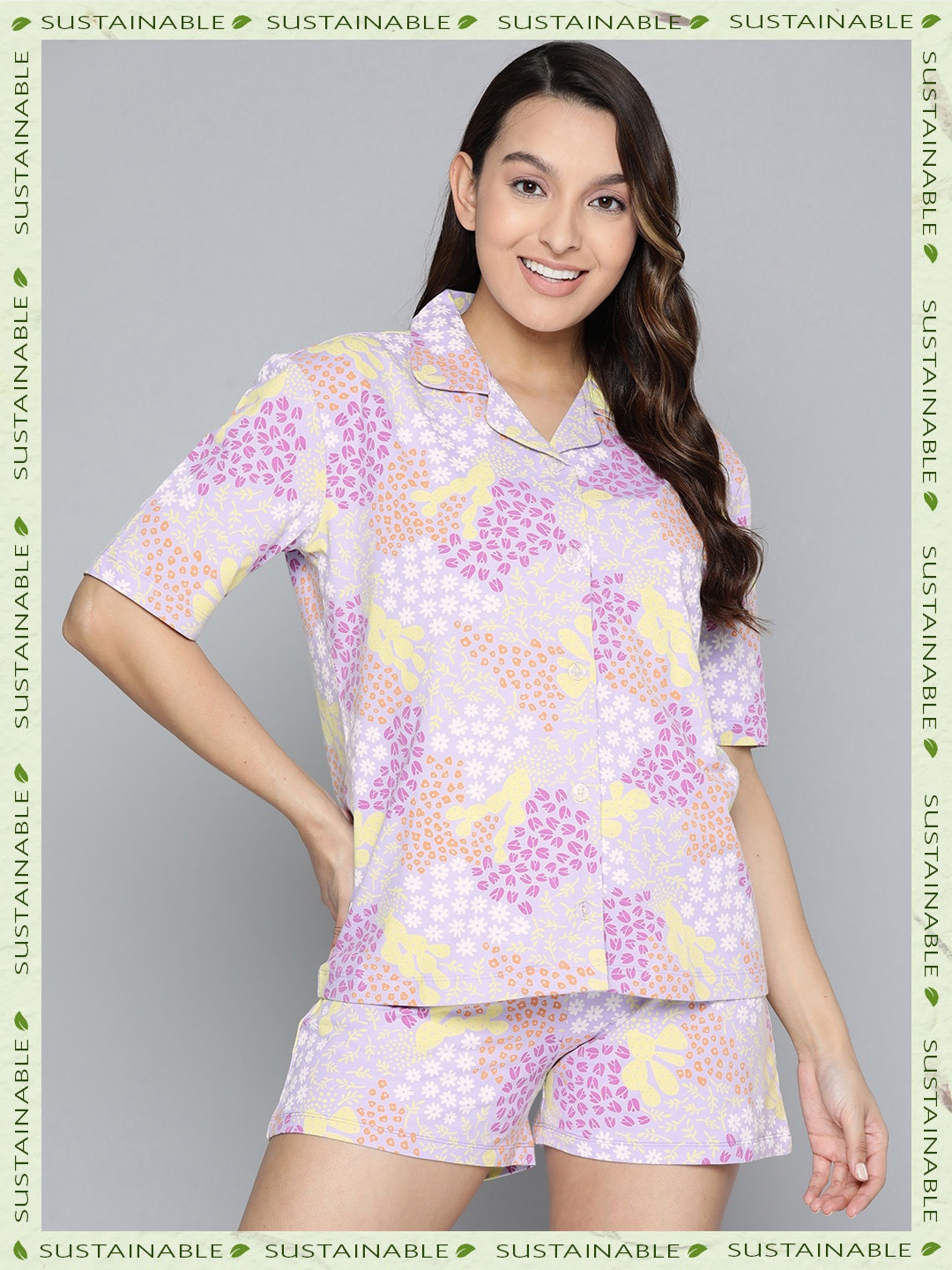 

HERE&NOW Printed Organic Cotton Night suit, Lavender