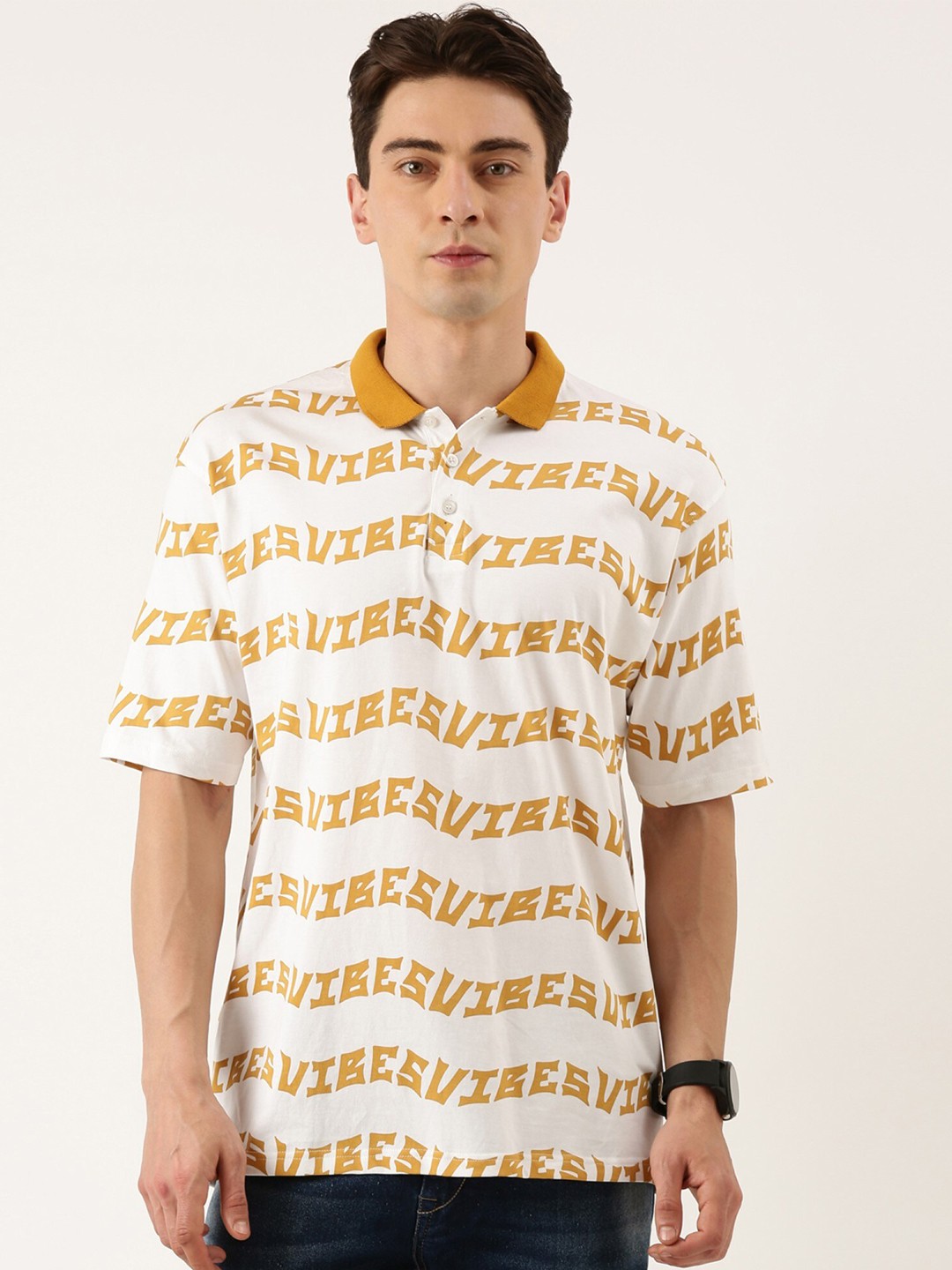 

Maniac Men Typography Printed Polo Collar Drop-Shoulder Sleeves Pure Cotton T-shirt, Off white