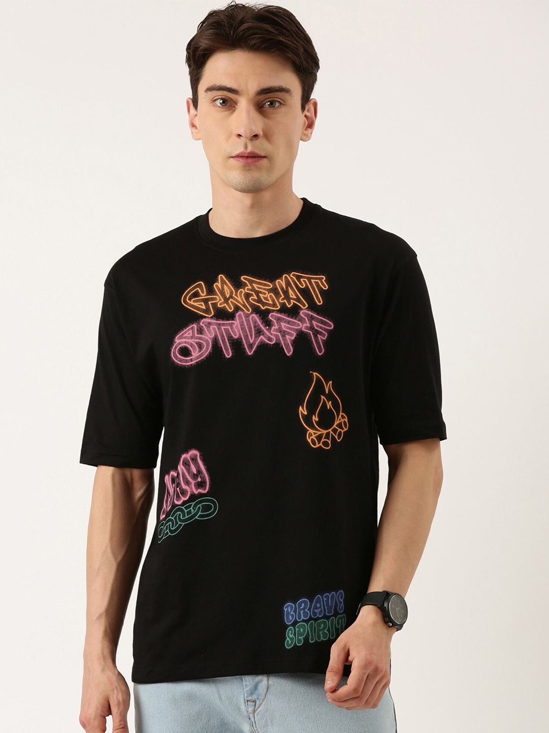 

Maniac Men Typography Printed Drop-Shoulder Sleeves Pure Cotton T-shirt, Black