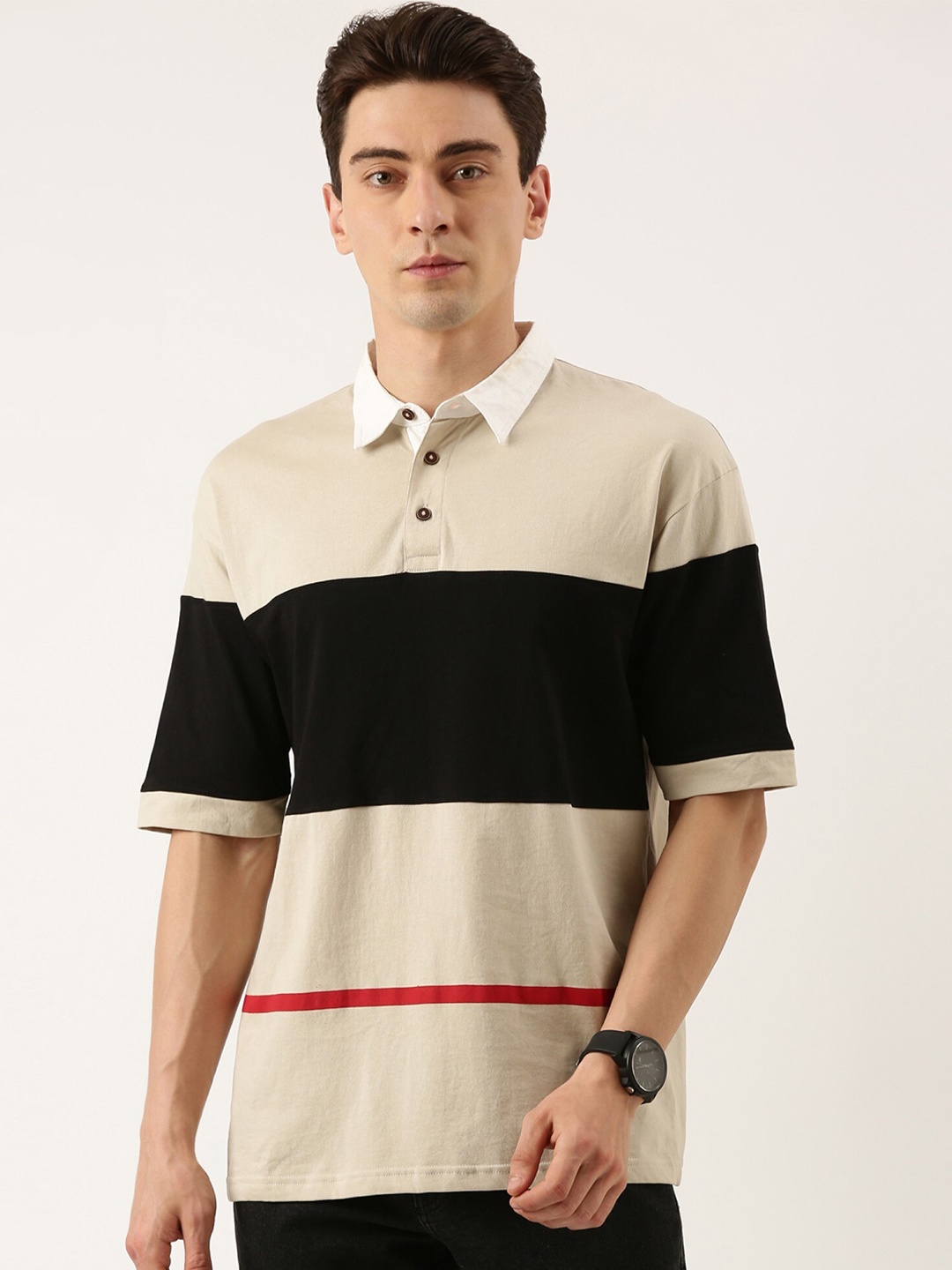 

Maniac Men Colourblocked Polo Collar Cotton T-shirt, Beige