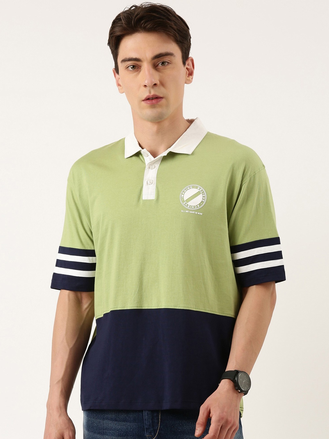 

Maniac Men Colourblocked Polo Collar Drop-Shoulder Sleeves Pure Cotton T-shirt, Green