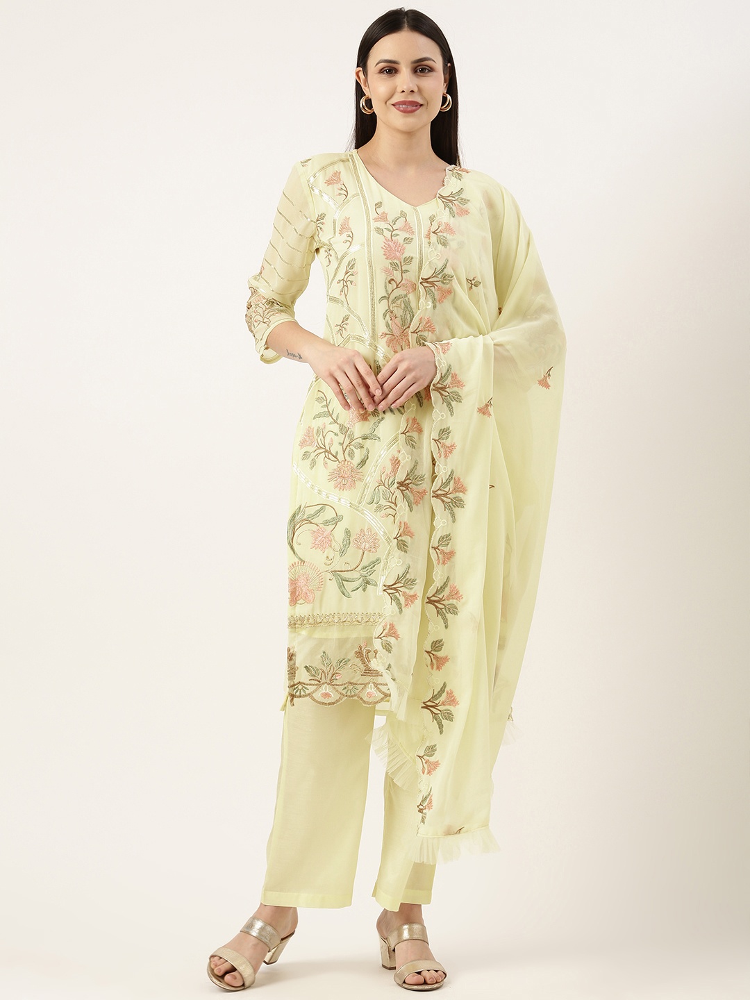 

SWAGG INDIA Women Ethnic Motifs Embroidered Thread Work Kurta With Trousers & Dupatta, Yellow