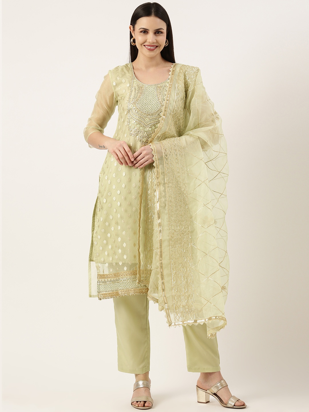 

SWAGG INDIA Women Ethnic Motifs Embroidered Sequinned Kurta With Trousers & Dupatta, Lime green
