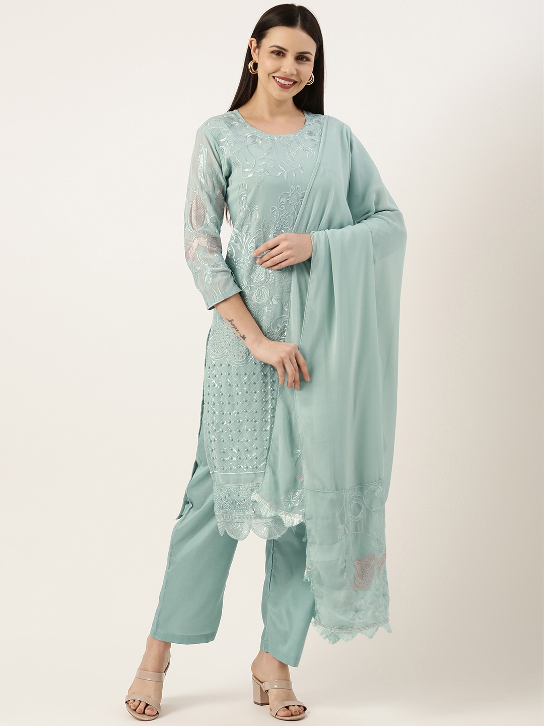 SWAGG INDIA Women Floral Embroidered Beads & Stones Kurta With Trousers & Dupatta, Blue