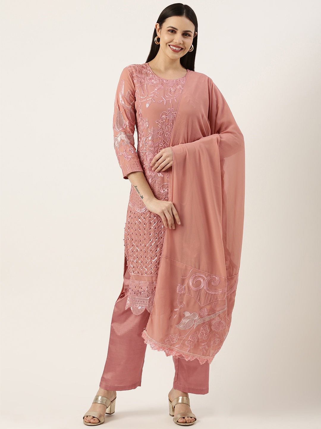 

SWAGG INDIA Women Ethnic Motifs Embroidered Beads and Stones Kurta With Trousers & Dupatta, Rose