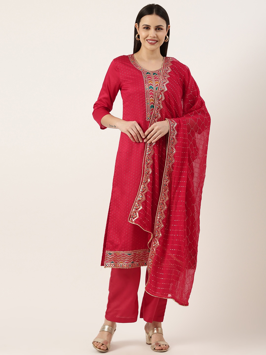 

SWAGG INDIA Women Ethnic Motifs Embroidered Sequinned Kurta With Trousers & Dupatta, Red