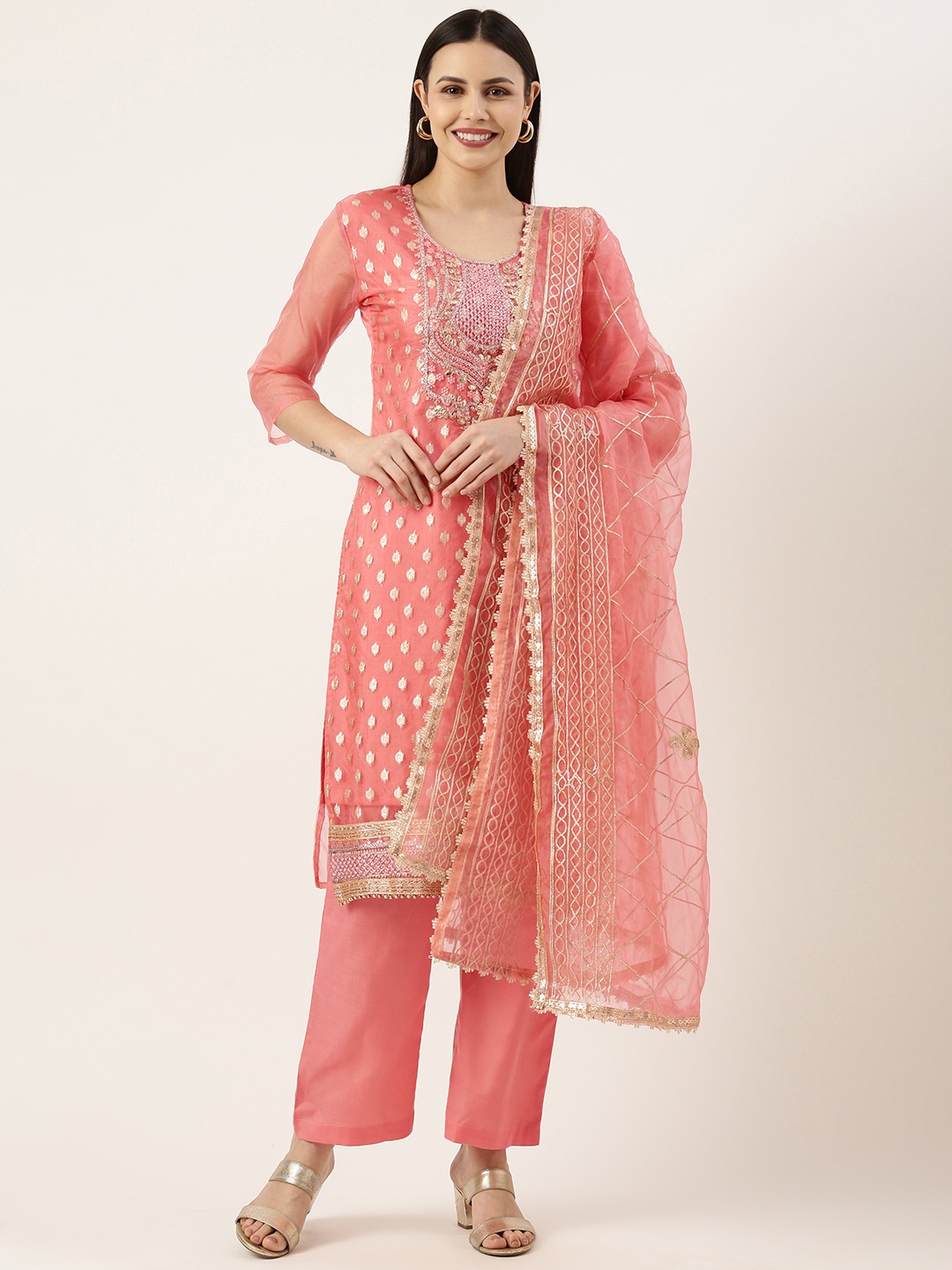 

SWAGG INDIA Women Ethnic Motifs Embroidered Kurta With Trousers & Dupatta, Peach