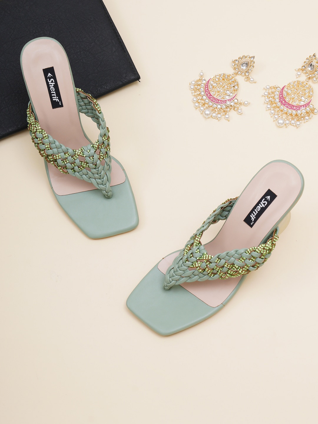 

Sherrif Shoes Block Open Back Heels, Green