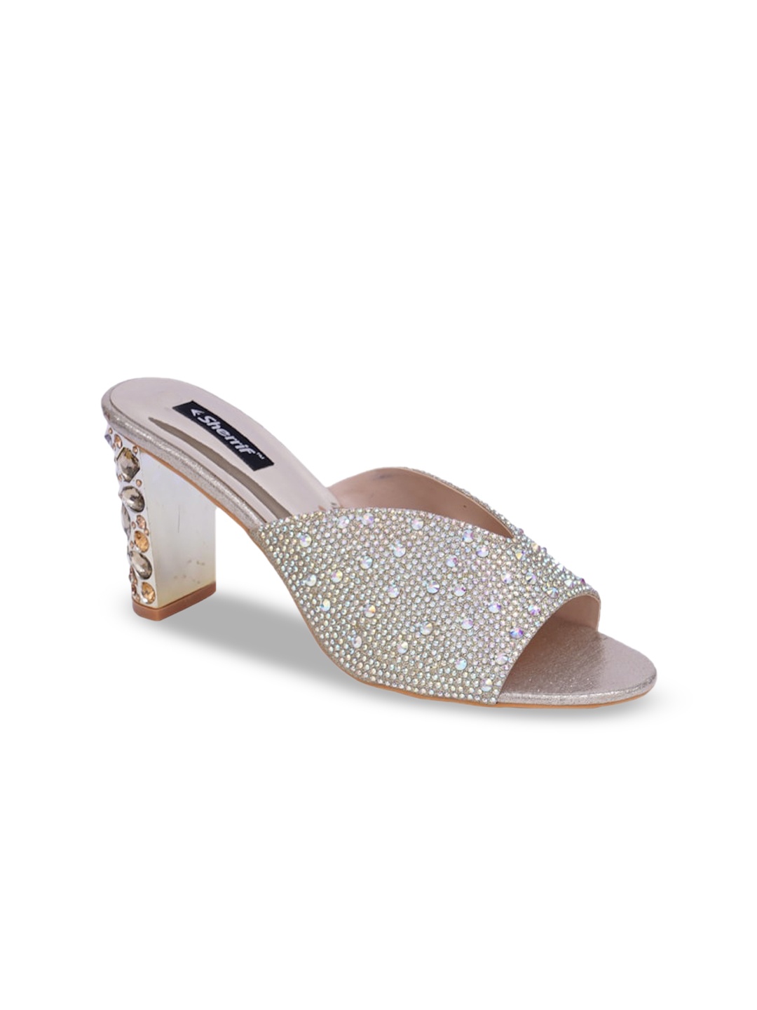 

Sherrif Shoes Embellished Ethnic Block Mules, Gold
