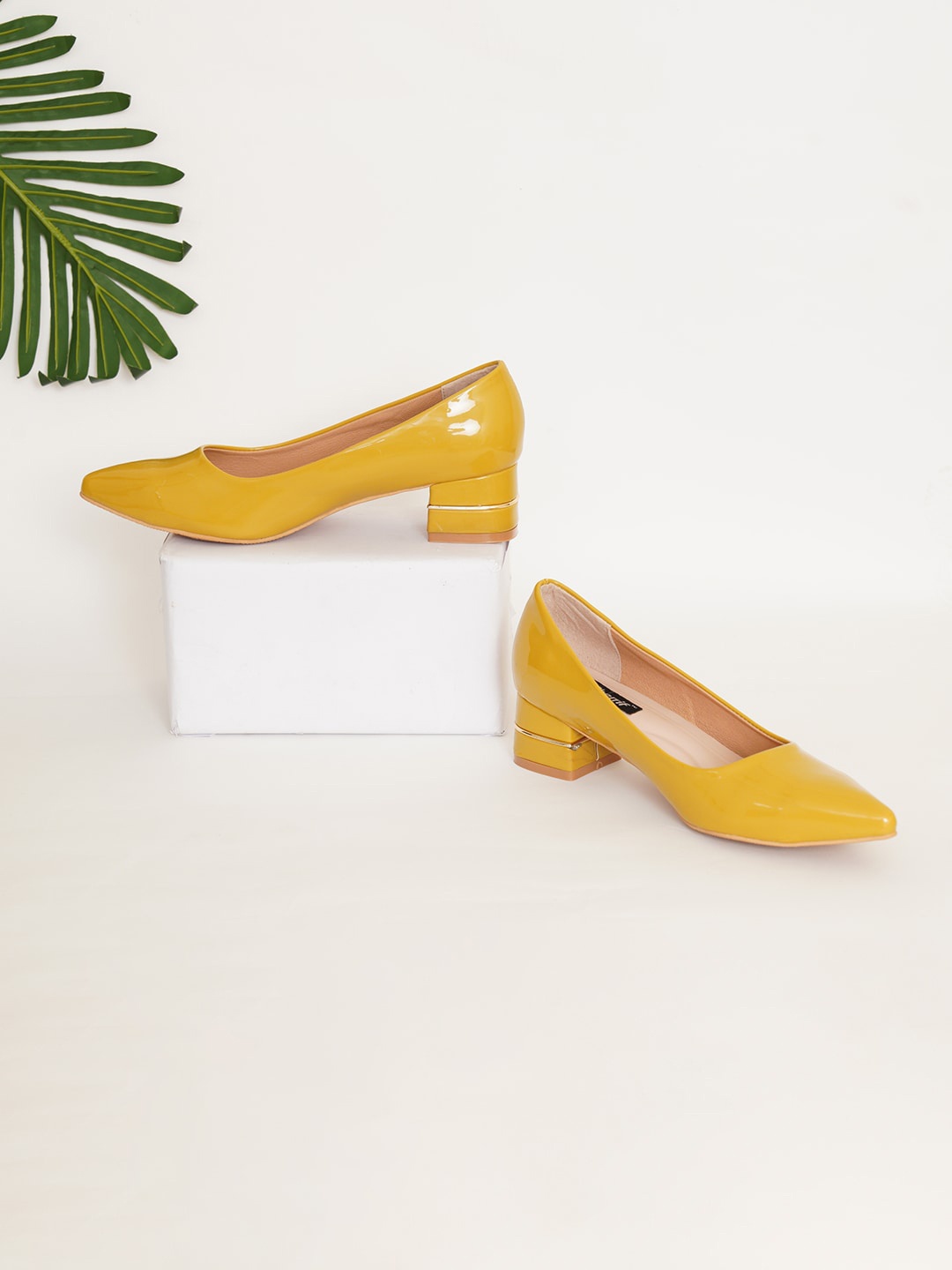 

Sherrif Shoes Pointed Toe Block Pumps, Mustard