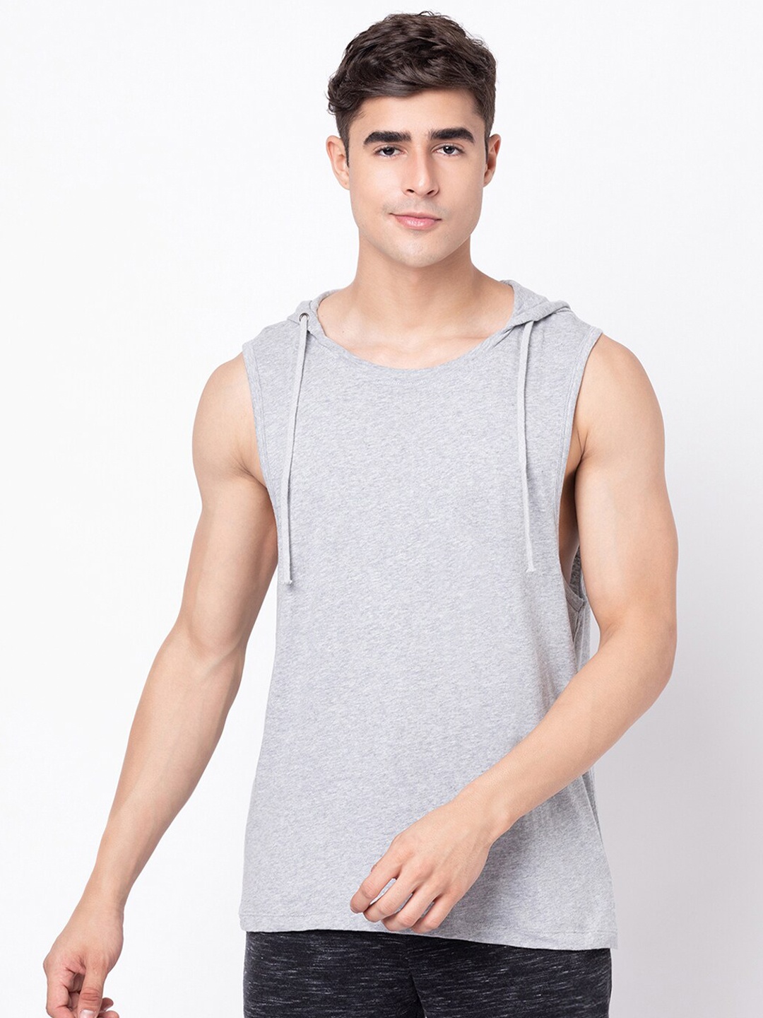 

YOONOY Men Sleeveless Hooded Pure Cotton T-shirt, Grey