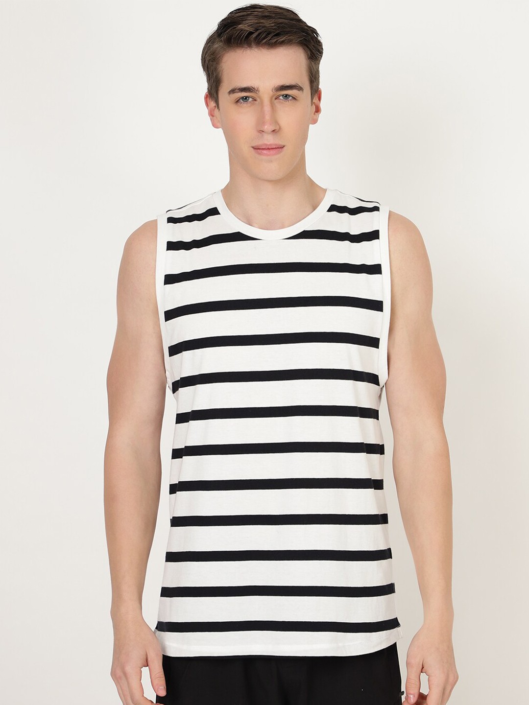

YOONOY Men Round Neck Striped Monochrome Cotton Pure T-shirt, Black