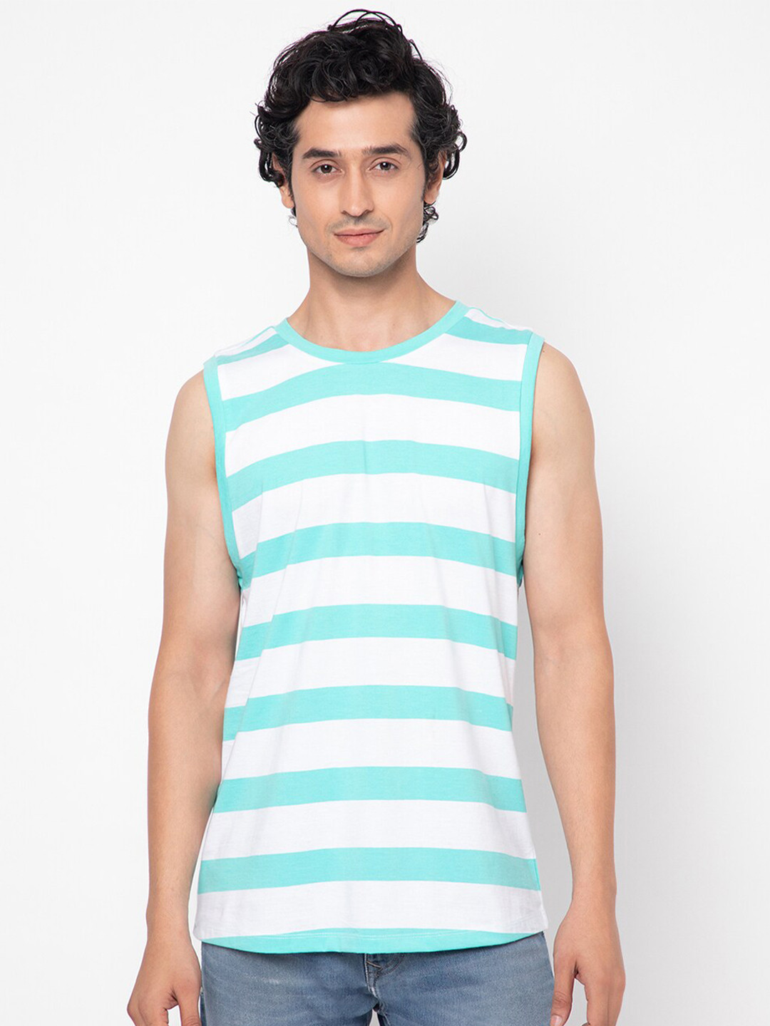 

YOONOY Men Striped Pure Cotton T-shirt, Turquoise blue