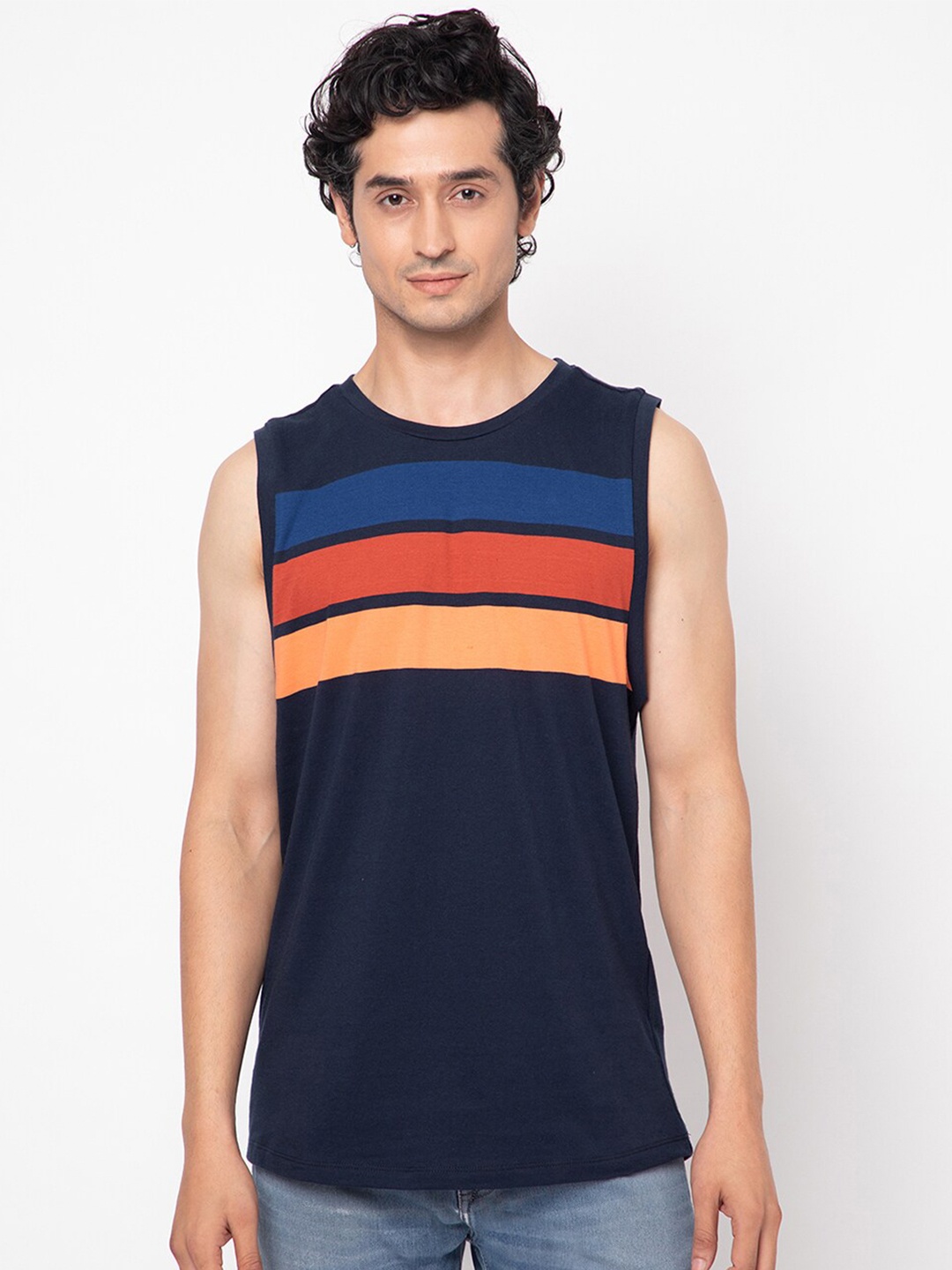 

YOONOY Men Colourblocked Pure Cotton T-shirt, Navy blue