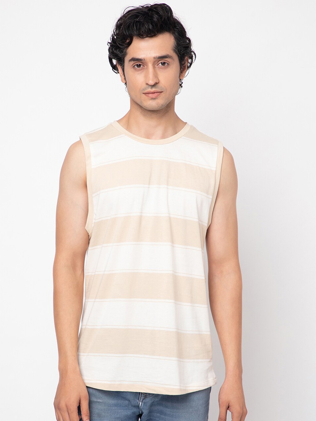 

YOONOY Men Striped Pure Cotton T-shirt, Beige