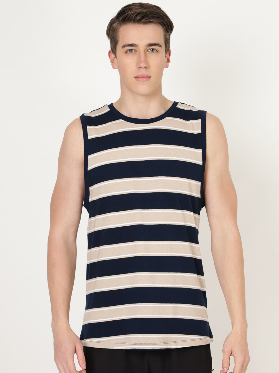 

YOONOY Men Striped Monochrome Raw Edge T-shirt, Navy blue