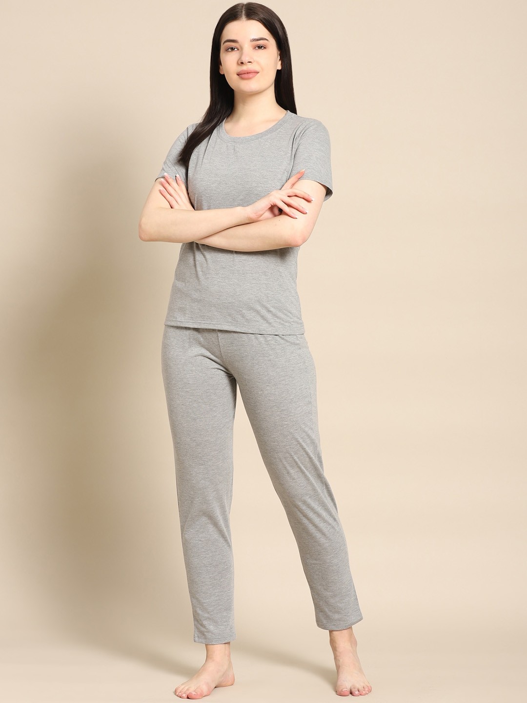 

Prakrti Women Round Neck Night suit, Grey melange