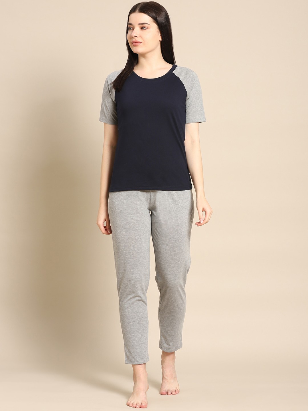 

Prakrti Women 2 Pieces Colourblocked Round Neck Night suit, Navy blue