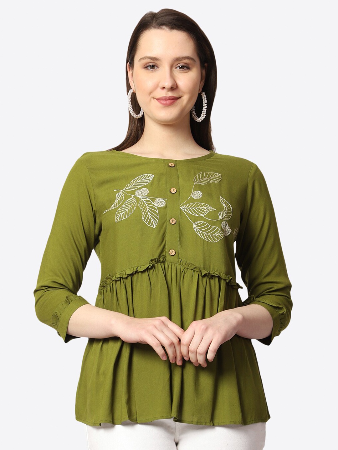 

Prettify Yoke Embroidered Empire Top, Green