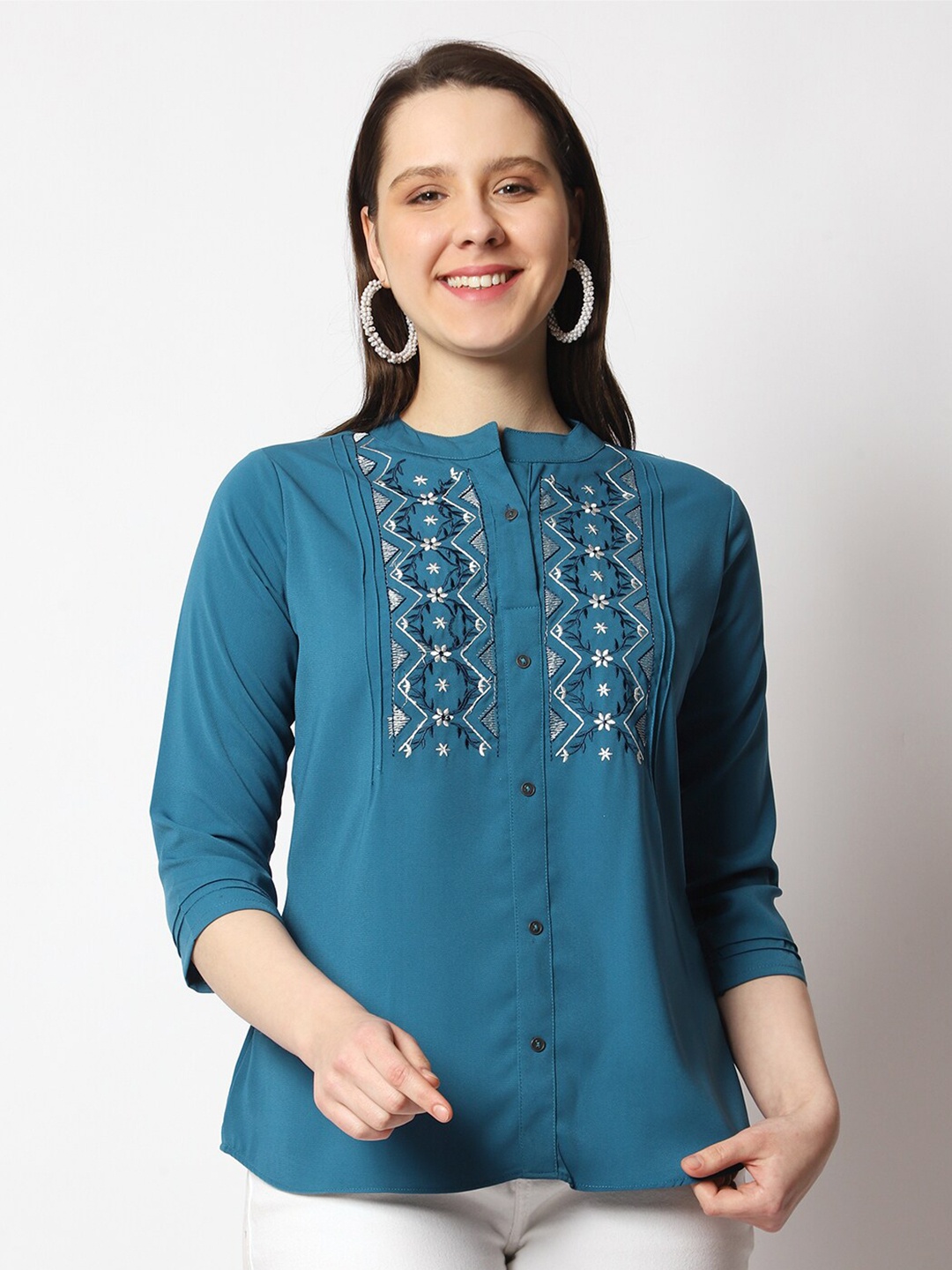 

Prettify Geometric Embroidered Mandarin Collar Shirt Style Top, Blue